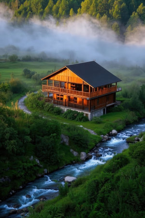 Wooden house on the bank of a mountain river in the fogの素材