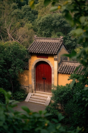 Wooden door in the middle of the garden, Beijing, Chinaの素材