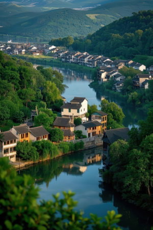 Houses on the bank of the river in Hebei, Chinaの素材