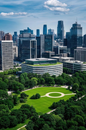 Chicago skyline with skyscrapers and green grass, Illinois, USAの素材