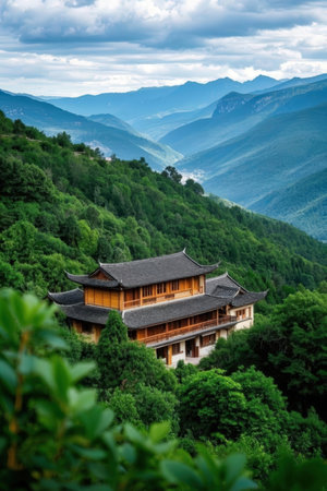 Landscape view of chinese traditional wooden house in the mountains.の素材