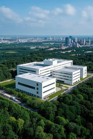 Aerial view of a modern office building in Shenzhen, Chinaの素材