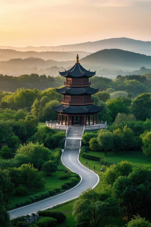 Giant Wild Goose Pagoda at sunset, Hangzhou, Chinaの素材
