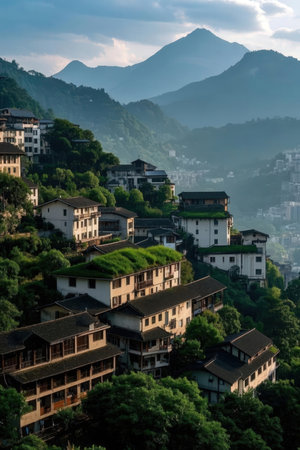 Village in the mountains at sunset, Taipei, Taiwan.の素材