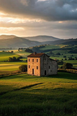 Rural landscape with an old farmhouse in the hills of Tuscany, Italyの素材