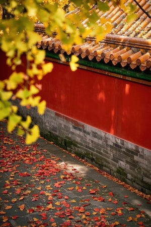 Autumn leaves on the roof of the temple in Beijing, Chinaの素材