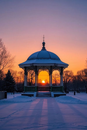 Gazebo in the park at sunset. Winter landscape.の素材