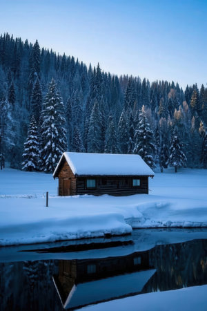 Beautiful winter landscape with wooden house on the shore of the lakeの素材