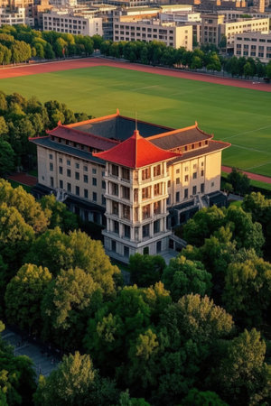 Aerial view of an old building with a red roof and green treesの素材