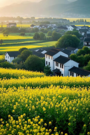 Rape field and village in Suzhou, Jiangxi, Chinaの素材