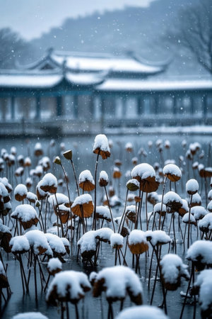 Lotus flower in winter with snow in Hangzhou, China.の素材