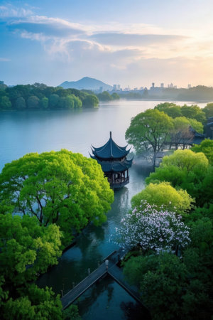 Hangzhou West Lake scenery at sunset, China. Hangzhou West Lake is a famous tourist destination in China.の素材
