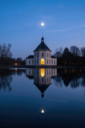 Reflection of the Church of St. Nicholas in the lake at nightの素材