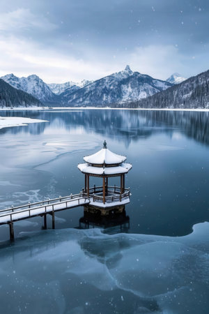 Beautiful winter landscape with wooden pavilion on lake in mountains.の素材