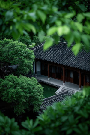 Traditional Chinese architecture in a garden, closeup of photo, Chinaの素材