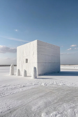 White building on a frozen lake in winter, Siberia, Russia.の素材