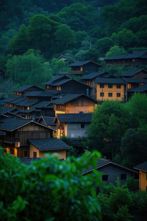 Houses in a village at night, China. Hanging houses.の素材