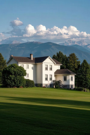 Beautiful villa with a lawn and mountains in the background.の素材