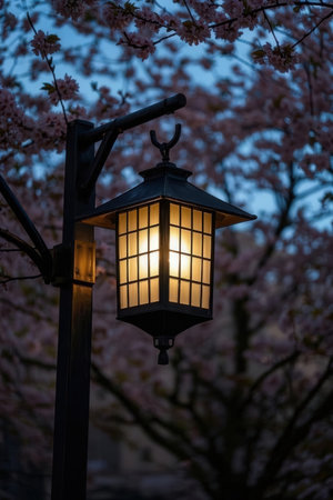 A street lamp with cherry blossoms in the background at night.の素材