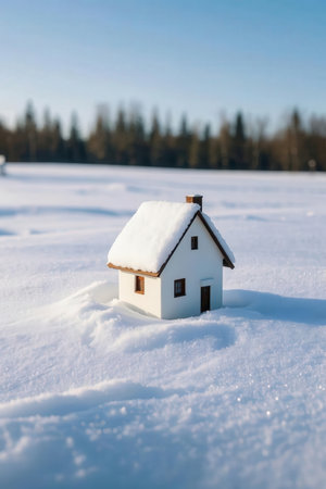 Small house in the snow on a blue sky background. Christmas conceptの素材