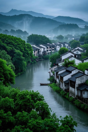 Houses on the bank of the Wuyuan River in Chinaの素材