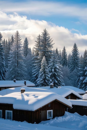 Beautiful winter landscape with snow covered fir trees in the mountains.の素材