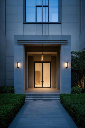 Glass door of a modern building in the evening. Night scene.の素材