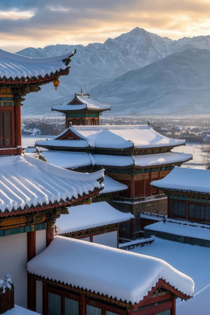 Korean traditional houses with snow in Gyeongbokgung, South Koreaの素材