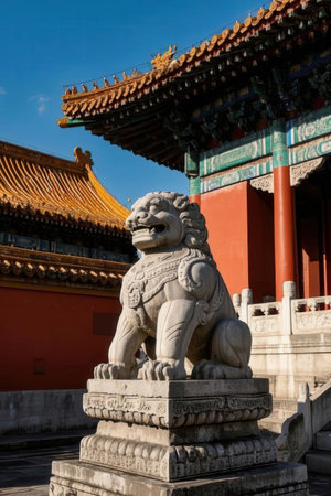 Bronze lion in Forbidden City, Beijing, China. The Forbidden City was the Chinese imperial palace from the Ming dynasty to the end of the Qing dynasty.の素材