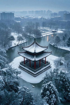 Aerial view of a pavilion in a park in winter.の素材