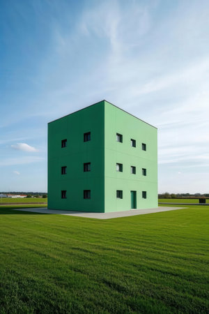 Modern green office building on a green meadow with blue sky.の素材