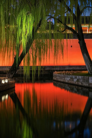 Night view of a lake in a park in Beijing, China.の素材