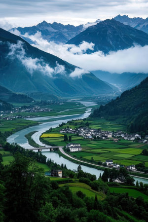 Panoramic view of the valley and the village in Switzerland.の素材