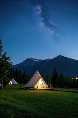 Camping tent at night with starry sky and milky wayの素材