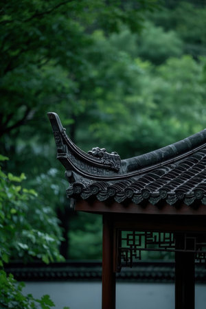 chinese roof in a temple, closeup of photo with selective focusの素材