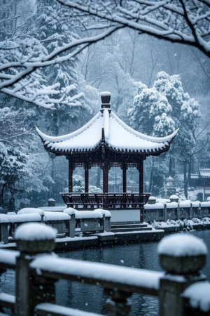 Gazebo in the park with snow in Beijing, Chinaの素材