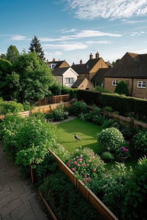 A view of a garden in the city of Cambridge, England.の素材