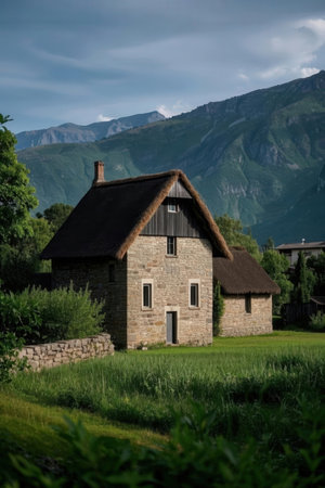 Old wooden house in the mountains. Summer landscape with green grass.の素材