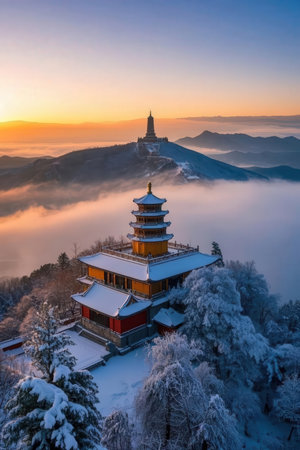 Sunrise at the pagoda of buddhist temple in winterの素材