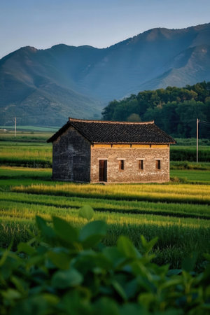 Rice field and old house in the countryside of South Korea.の素材