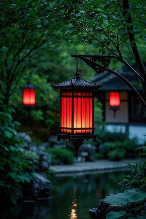 Traditional Japanese lantern in a garden. Selective focus. Shallow depth of field.の素材