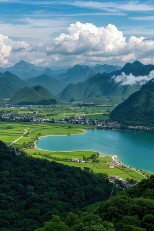 Panoramic view of the mountains and the lake in the summerの素材