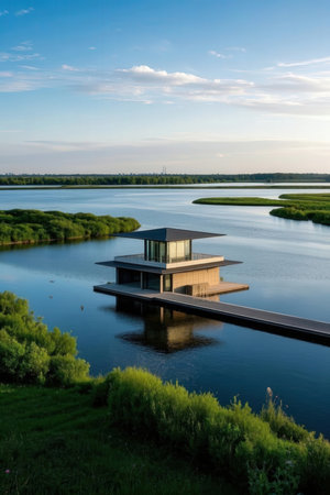 Landscape of a lake with a modern building in the evening.の素材