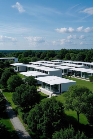 Aerial view of modern white villas on a sunny summer dayの素材