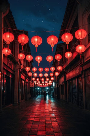 Chinese lanterns at night in a street of Beijing, China.の素材