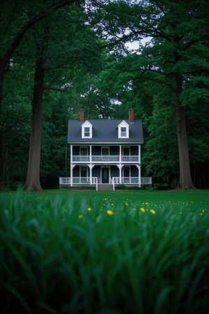 Beautiful old house in the middle of green grass in the parkの素材