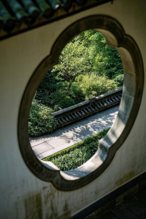 View through a window of a temple in Seoul, South Korea.の素材