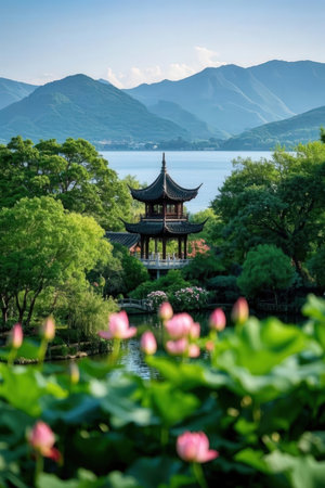 Pavilion and Lotus Garden at Hangzhou West Lake, Chinaの素材
