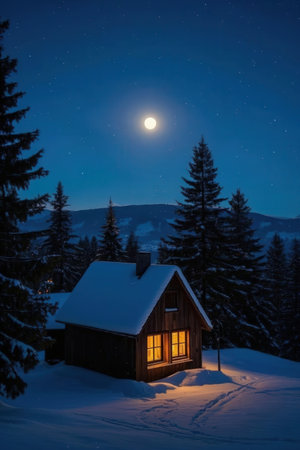 Wooden house in the snowy mountains at night with full moon.の素材