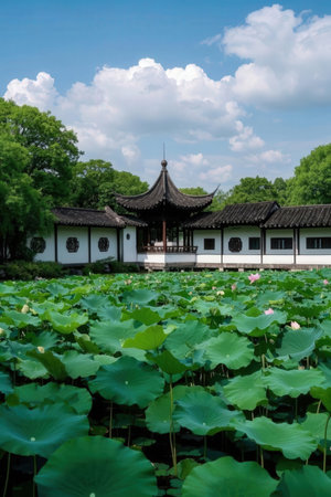 Lotus pond and pavilion in the botanical garden in Beijing, Chinaの素材